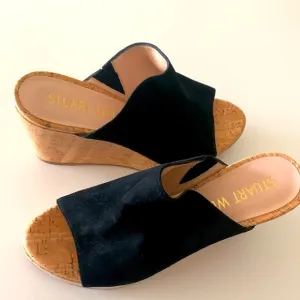Stuart Weitzman Margarite Black Suede Cork Wedges sZ 6.5