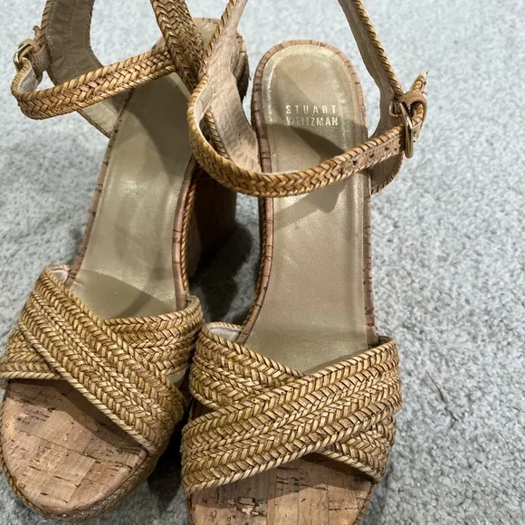 Stuart Weitzman Minx Wedge Cork Sandal 10 Camel Weave ASO Princess of Wales