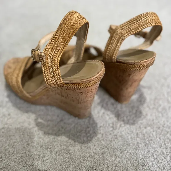 Stuart Weitzman Minx Wedge Cork Sandal 10 Camel Weave ASO Princess of Wales