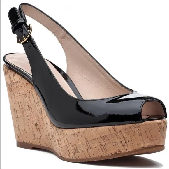 Stuart Weitzman Patent Leather Open Toe Slingback Cork Wedges Sz 41.5/11…
