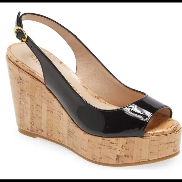 Stuart Weitzman Patent Leather Open Toe Slingback Cork Wedges Sz 41.5/11…