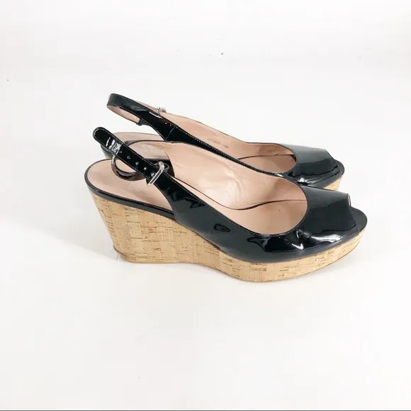 Stuart Weitzman Patent Leather Open Toe Slingback Cork Wedges Sz 41.5/11…