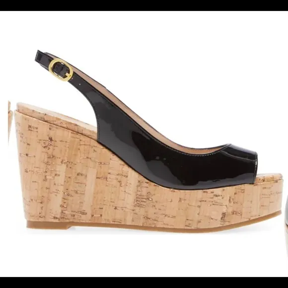 Stuart Weitzman Patent Leather Open Toe Slingback Cork Wedges Sz 41.5/11…