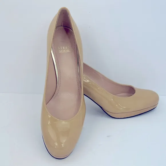 STUART WEITZMAN PATENT LEATHER STILETTO ROUND TOE PUMPS,TAN,6.5M, MADE IN SPAIN