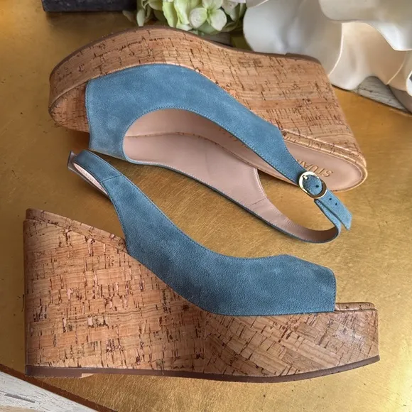 Stuart Weitzman Platform Gloss Cork Wedges in Blue Suede