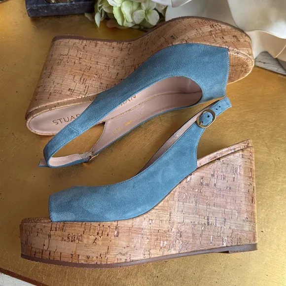 Stuart Weitzman Platform Gloss Cork Wedges in Blue Suede