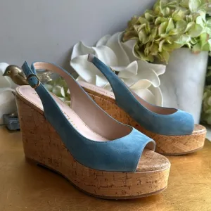 Stuart Weitzman Platform Gloss Cork Wedges in Blue Suede