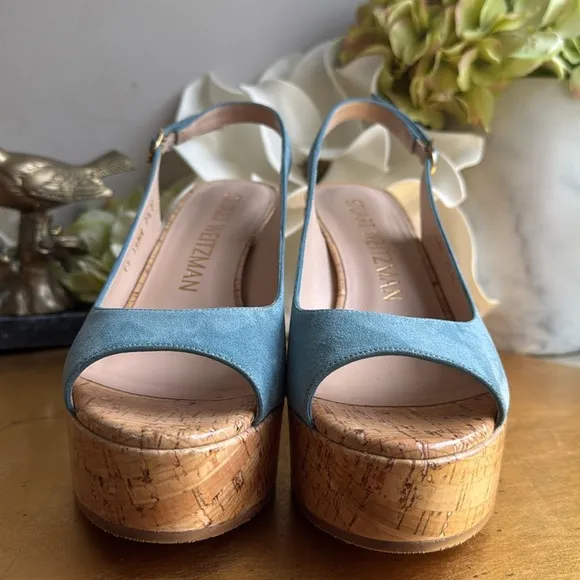 Stuart Weitzman Platform Gloss Cork Wedges in Blue Suede