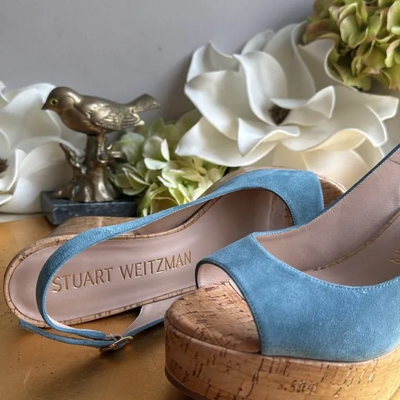 Stuart Weitzman Platform Gloss Cork Wedges in Blue Suede