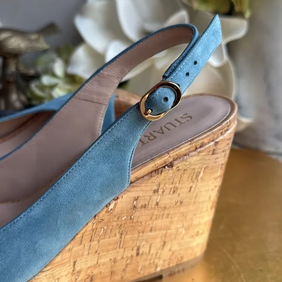 Stuart Weitzman Platform Gloss Cork Wedges in Blue Suede