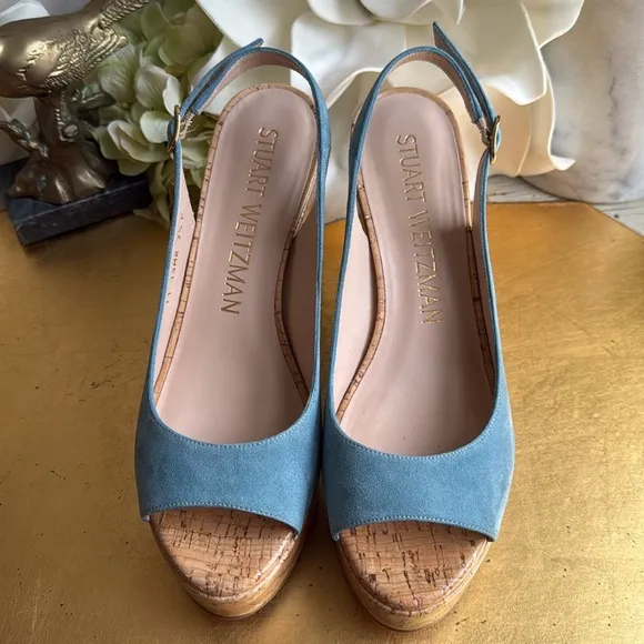 Stuart Weitzman Platform Gloss Cork Wedges in Blue Suede