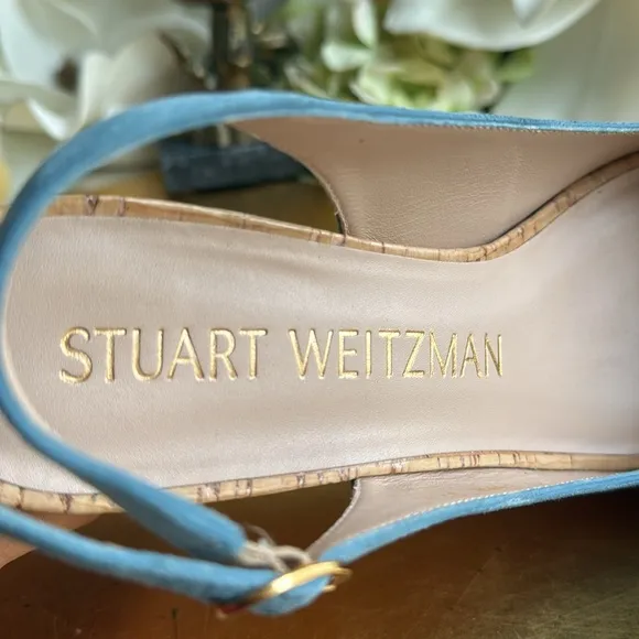 Stuart Weitzman Platform Gloss Cork Wedges in Blue Suede