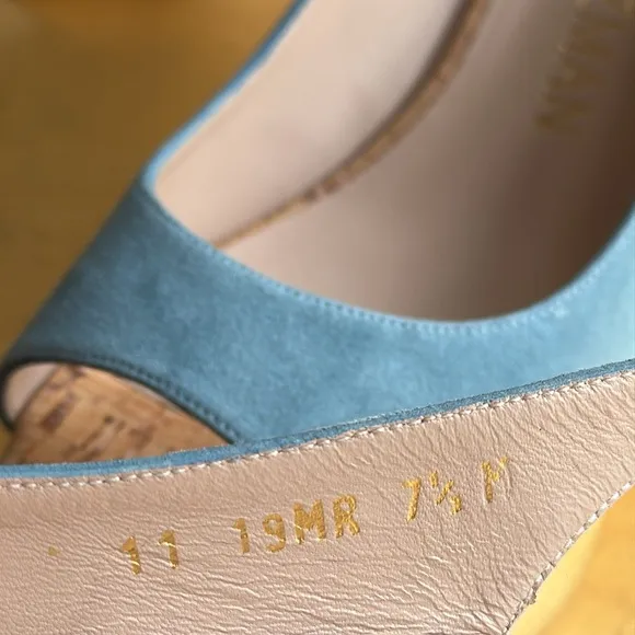 Stuart Weitzman Platform Gloss Cork Wedges in Blue Suede