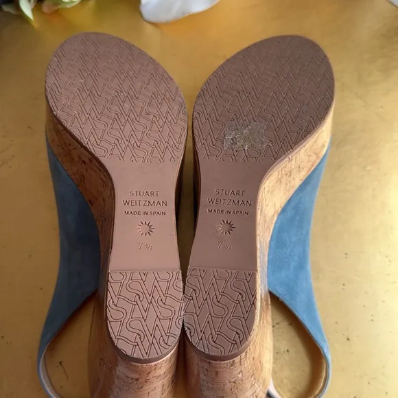 Stuart Weitzman Platform Gloss Cork Wedges in Blue Suede