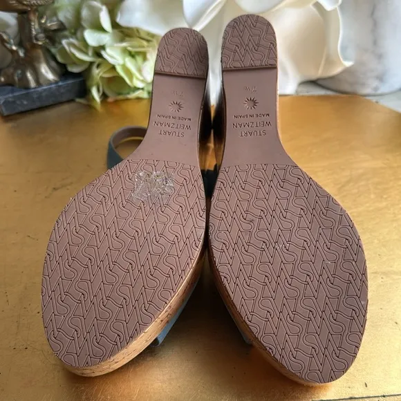 Stuart Weitzman Platform Gloss Cork Wedges in Blue Suede
