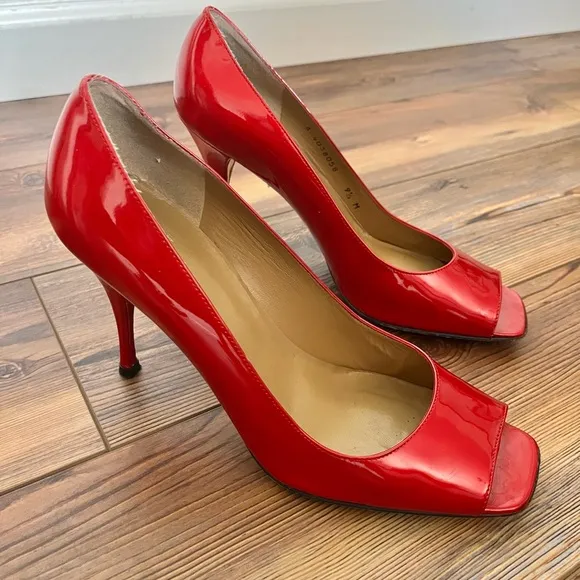 Stuart Weitzman Red Patent Leather Peep Toe Heels Size 9.5