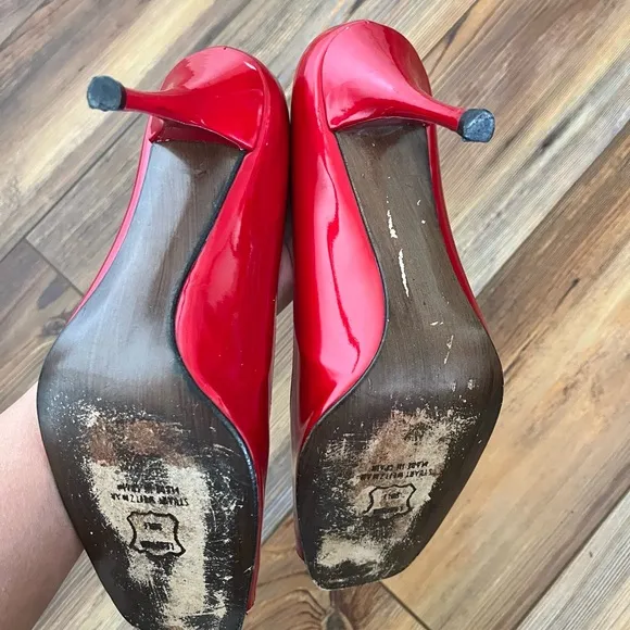 Stuart Weitzman Red Patent Leather Peep Toe Heels Size 9.5