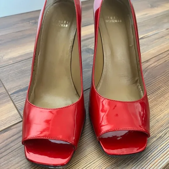 Stuart Weitzman Red Patent Leather Peep Toe Heels Size 9.5