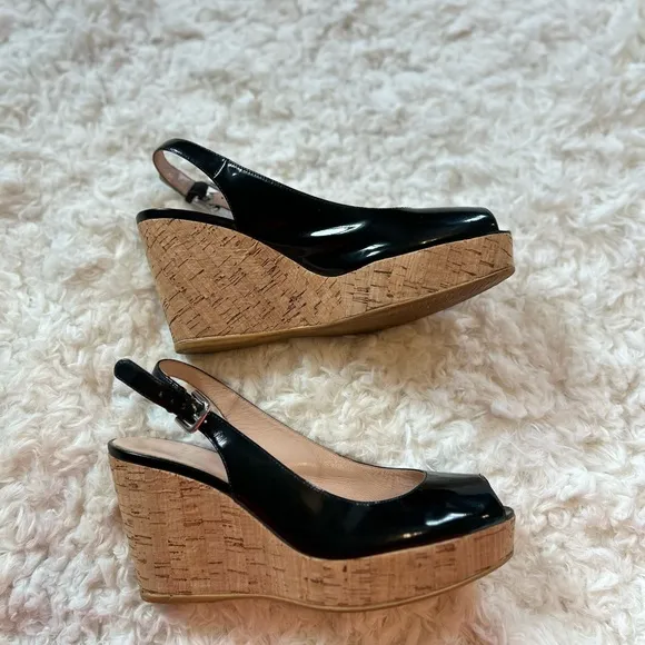 Stuart Weitzman Riveria Patent Leather Slingback Sandal Wedges Size 7.5