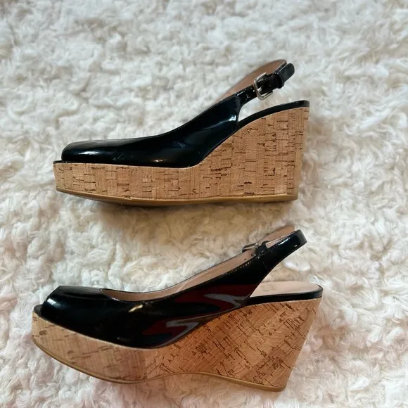 Stuart Weitzman Riveria Patent Leather Slingback Sandal Wedges Size 7.5