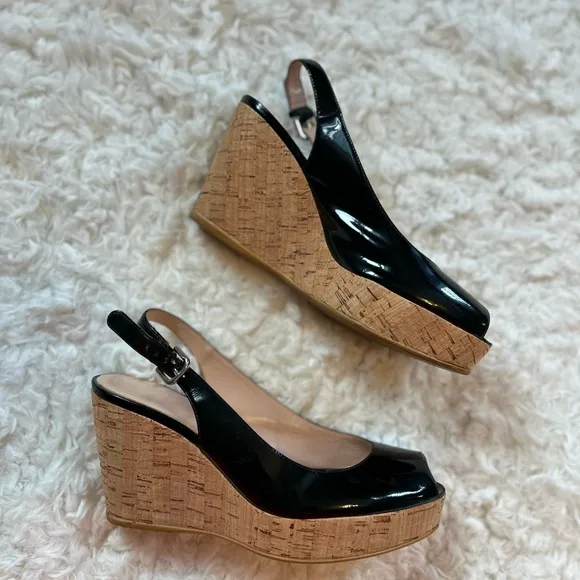 Stuart Weitzman Riveria Patent Leather Slingback Sandal Wedges Size 7.5