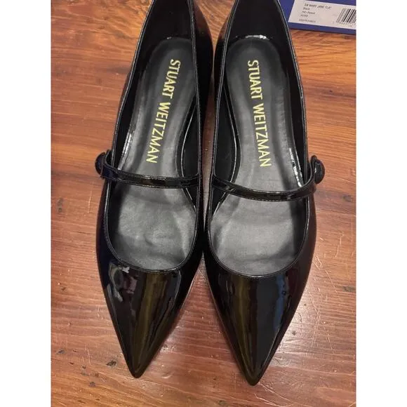 Stuart Weitzman Womens Emilia Mary Jane Flats Sz 10 Black Patent Pointed Toe NIB