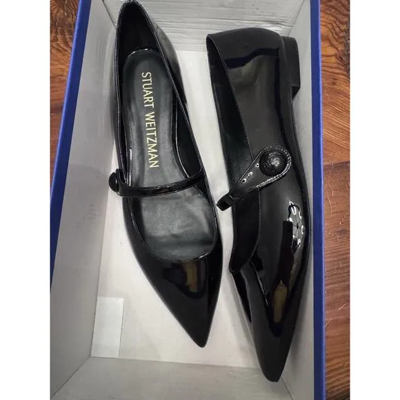 Stuart Weitzman Womens Emilia Mary Jane Flats Sz 10 Black Patent Pointed Toe NIB