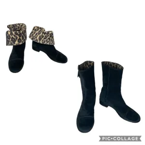 Stuart Wietzman Duluth Black Suede Boots Leopard Lining Size 9.5 N