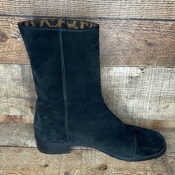Stuart Wietzman Duluth Black Suede Boots Leopard Lining Size 9.5 N