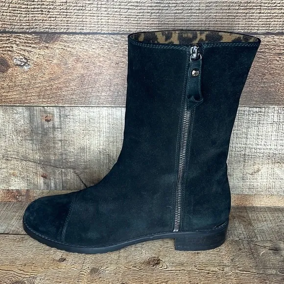 Stuart Wietzman Duluth Black Suede Boots Leopard Lining Size 9.5 N