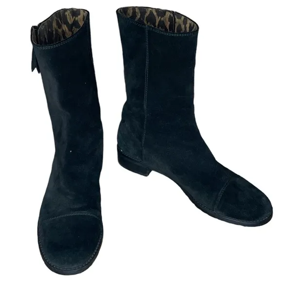 Stuart Wietzman Duluth Black Suede Boots Leopard Lining Size 9.5 N