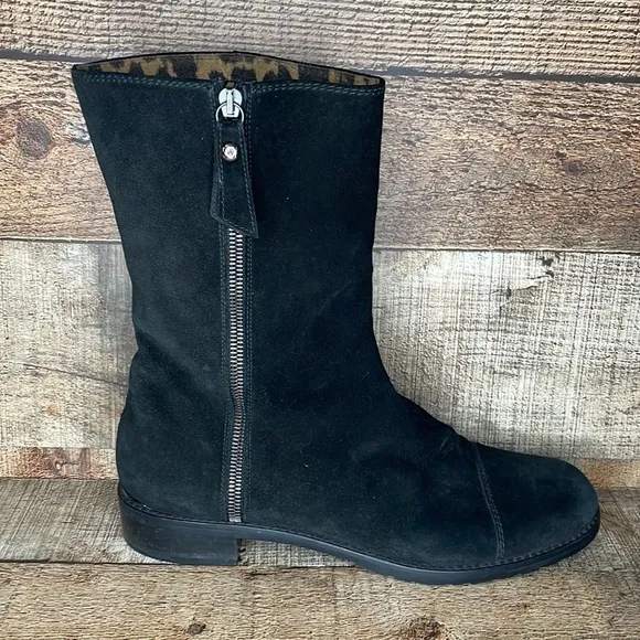 Stuart Wietzman Duluth Black Suede Boots Leopard Lining Size 9.5 N