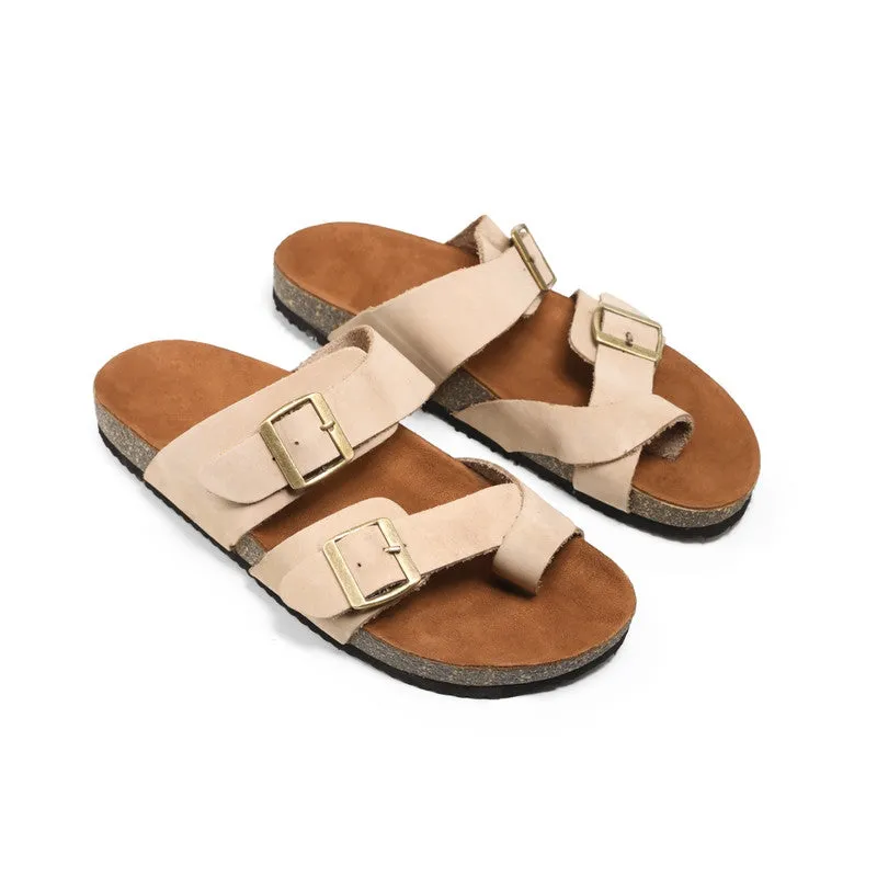 Suede Leather Slippers With Buckle Straps