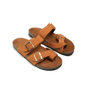 Suede Leather Slippers With Buckle Straps
