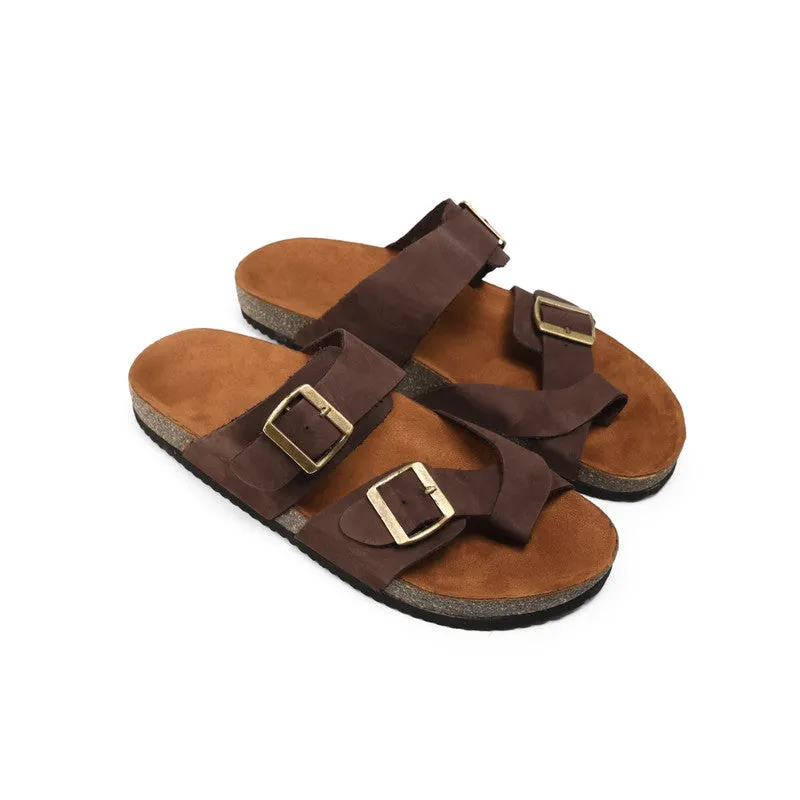 Suede Leather Slippers With Buckle Straps