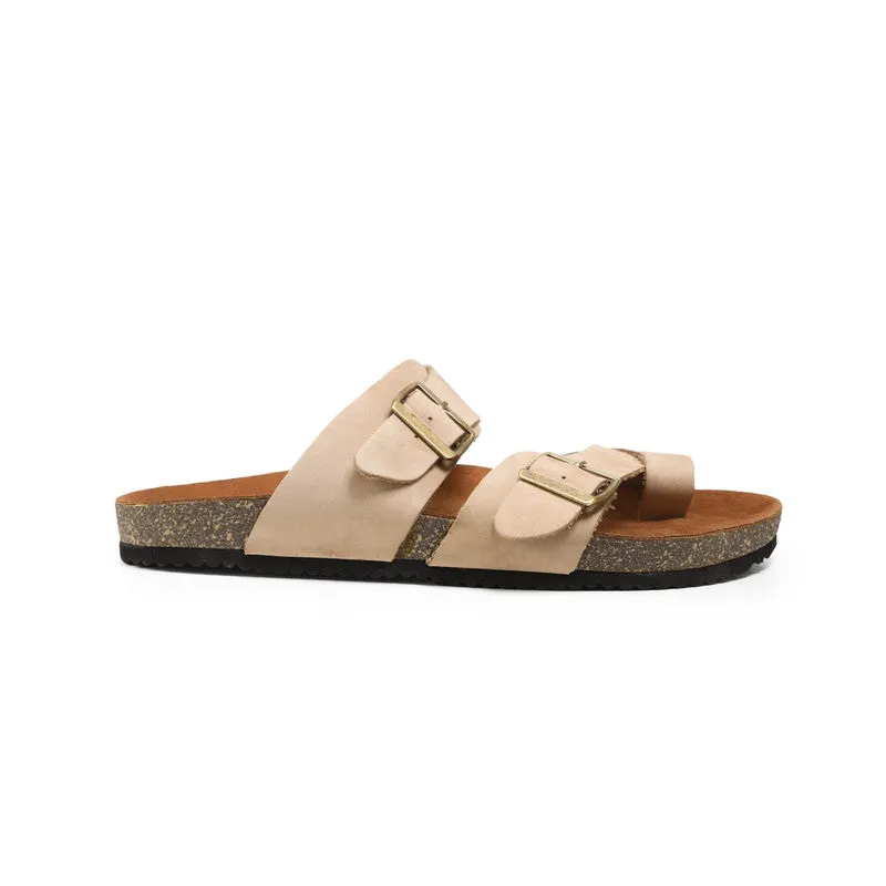 Suede Leather Slippers With Buckle Straps