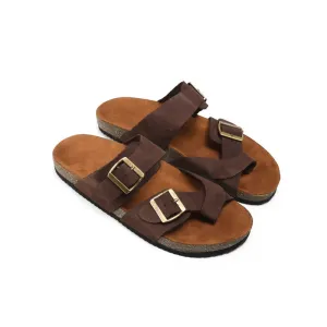 Suede Leather Slippers With Buckle Straps
