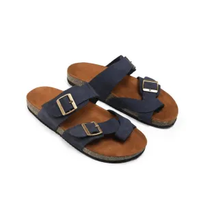 Suede Leather Slippers With Buckle Straps