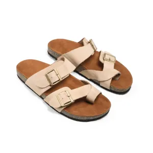 Suede Leather Slippers With Buckle Straps