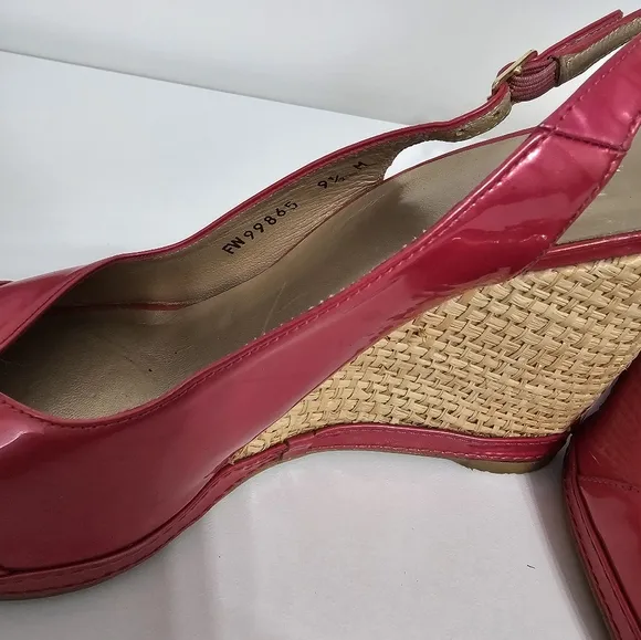 sz 9.5 M Stuart Weitzman Pink Tan Espadrille Wedge Sandals Slingback Patent
