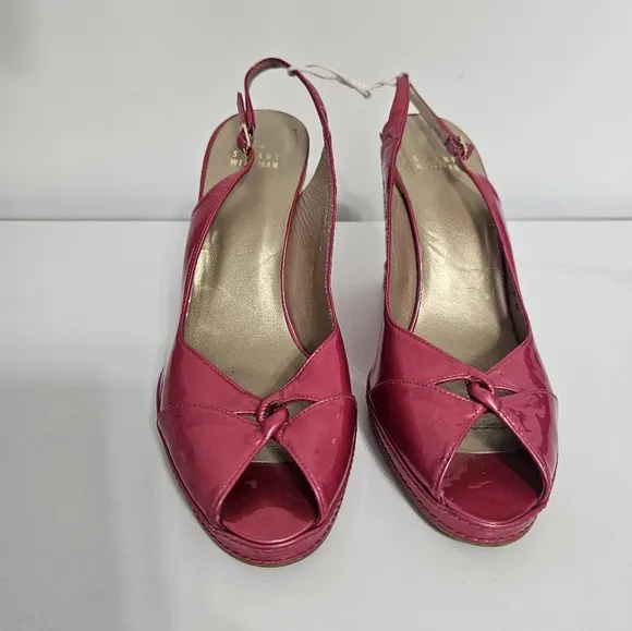 sz 9.5 M Stuart Weitzman Pink Tan Espadrille Wedge Sandals Slingback Patent