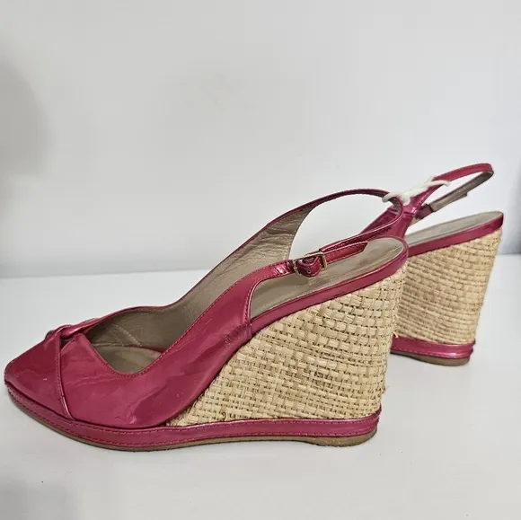 sz 9.5 M Stuart Weitzman Pink Tan Espadrille Wedge Sandals Slingback Patent