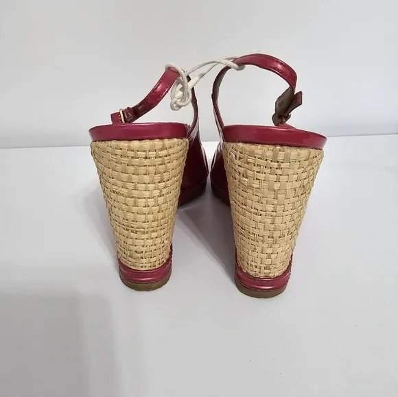 sz 9.5 M Stuart Weitzman Pink Tan Espadrille Wedge Sandals Slingback Patent