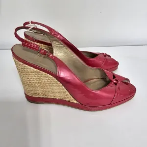 sz 9.5 M Stuart Weitzman Pink Tan Espadrille Wedge Sandals Slingback Patent