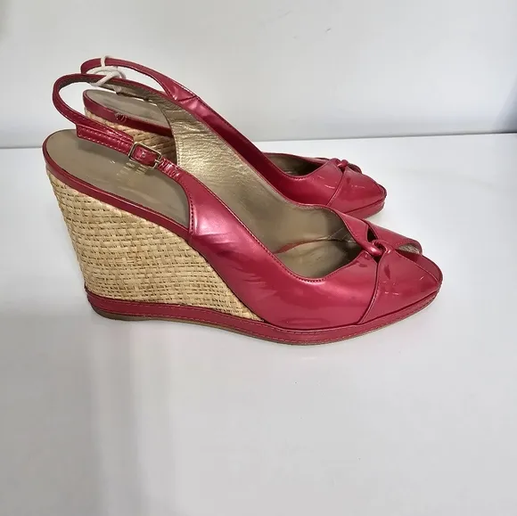 sz 9.5 M Stuart Weitzman Pink Tan Espadrille Wedge Sandals Slingback Patent