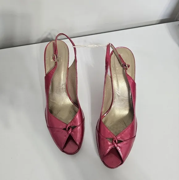 sz 9.5 M Stuart Weitzman Pink Tan Espadrille Wedge Sandals Slingback Patent