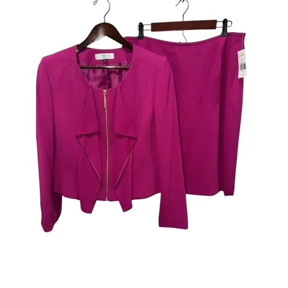 Tahari Arthur Levine Women 2PC Fuchsia Skirt Suit‎ Sz 16 Gold Zipper $280 NEW