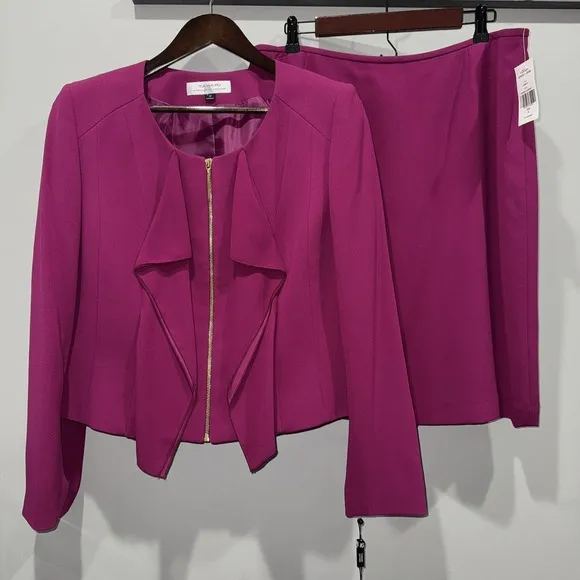 Tahari Arthur Levine Women 2PC Fuchsia Skirt Suit‎ Sz 16 Gold Zipper $280 NEW