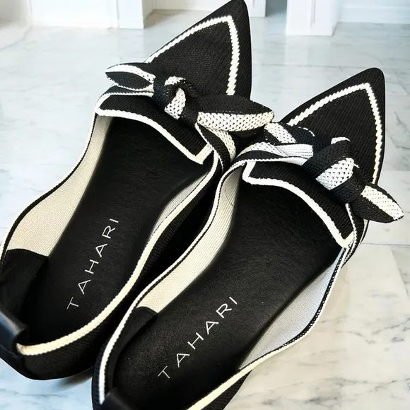 Tahari Florentia Flats, Black and White with Tie Knot