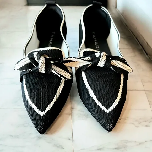 Tahari Florentia Flats, Black and White with Tie Knot